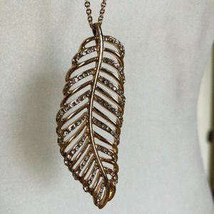 Simple Gold Hollow Leaf Rhinestone Necklace on 34" chain
